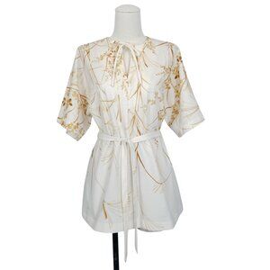 Vintage Nani of Hawaii Botanical Print Tie Waist Blouse Cream Brown Sz Small
